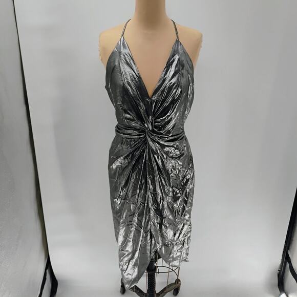 Sheike V-Cut Silver Bodycon Twist Knot Waistline Mini Dress Women's 8 metallic - Picture 5 of 16